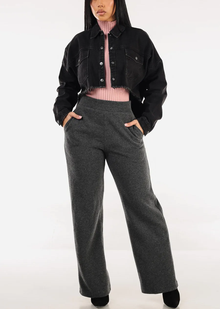 Long Sleeve Button Up High Low Crop Shacket Black Acid Wash sold by Moda product image thumbnail 2