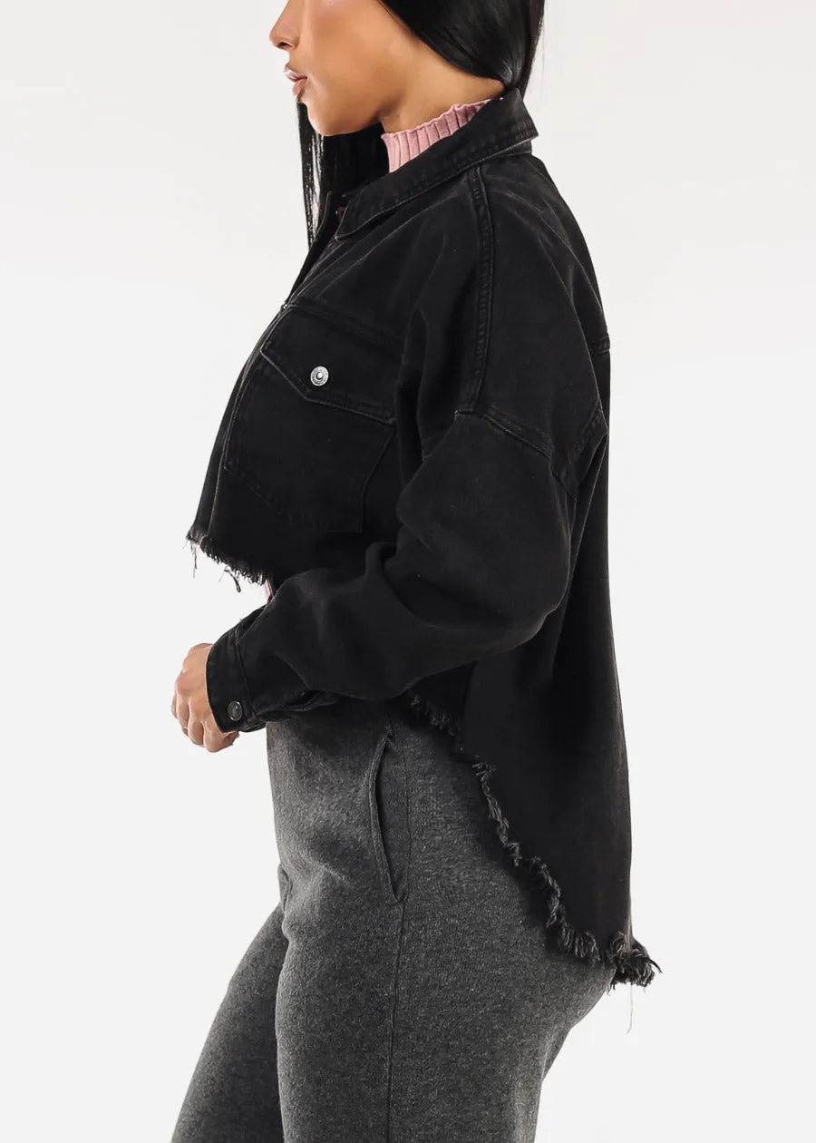 Long Sleeve Button Up High Low Crop Shacket Black Acid Wash sold by Moda product image thumbnail 3
