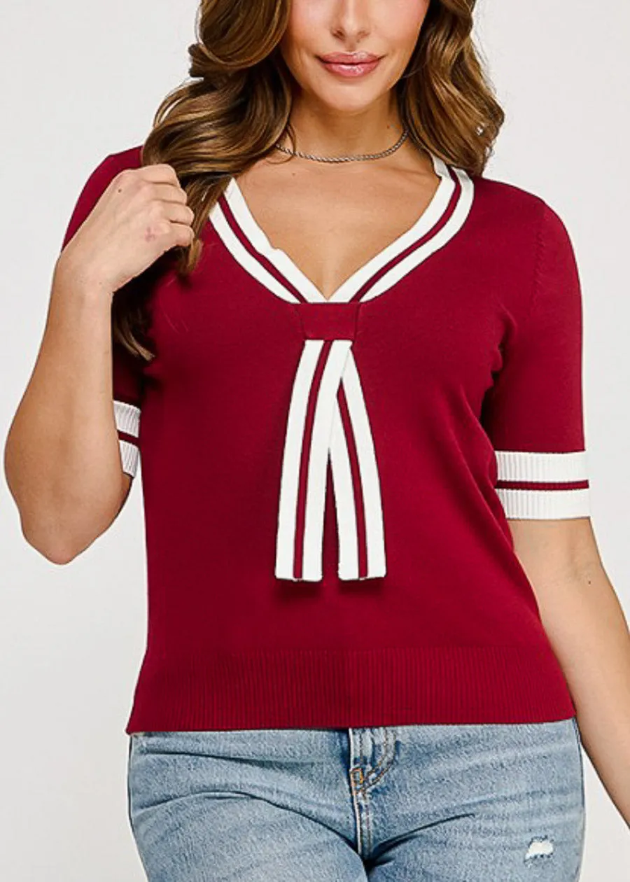 Short Sleeve Vneck Sweater Top Wine w Tie detail sold by Moda product image thumbnail 5
