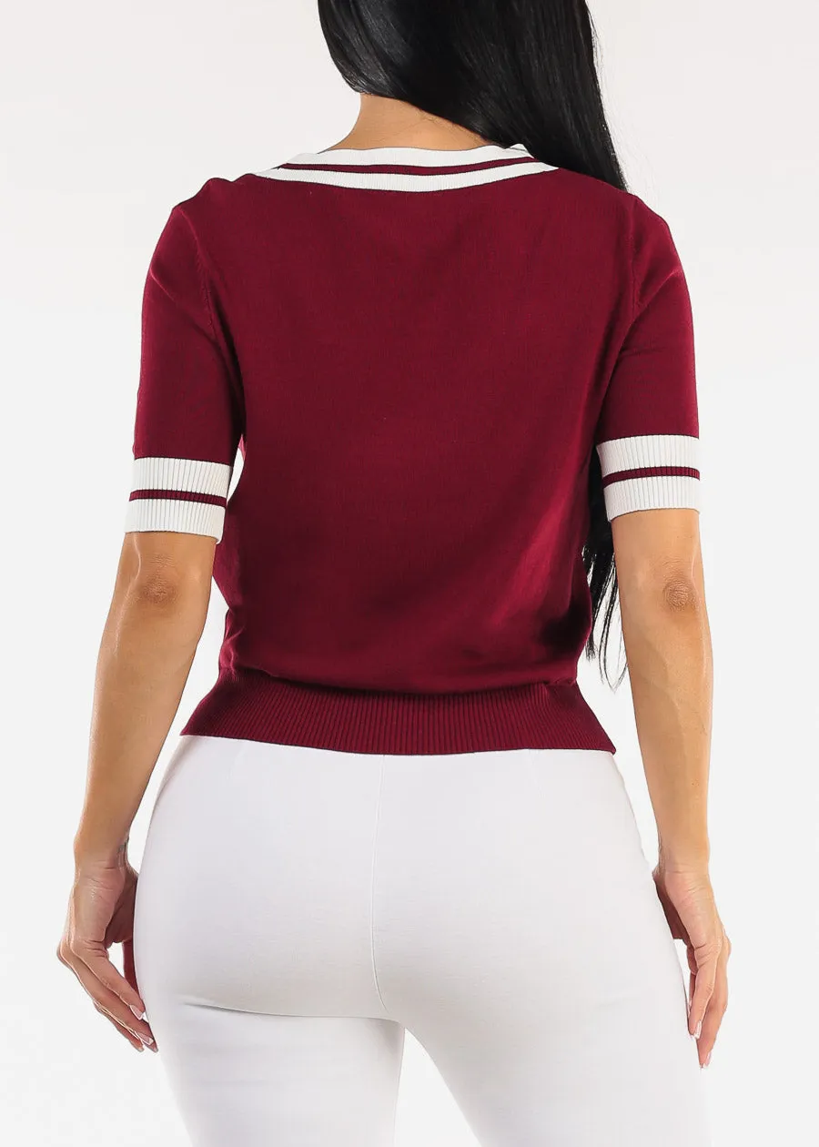 Short Sleeve Vneck Sweater Top Wine w Tie detail sold by Moda product image thumbnail 4