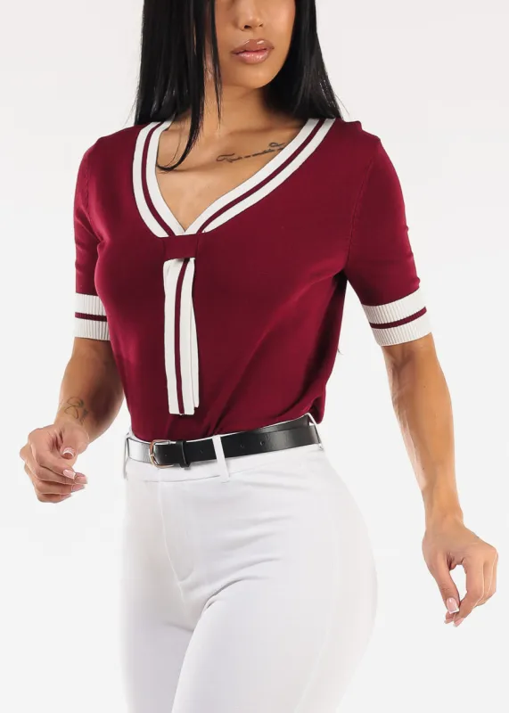 Short Sleeve Vneck Sweater Top Wine w Tie detail sold by Moda