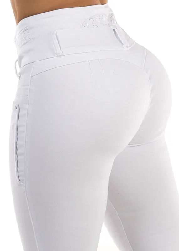 MX JEANS Embroidered Back Butt Lift White Stretch Skinny Jeans sold by Moda