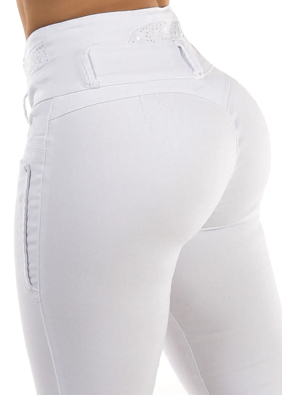 MX JEANS Embroidered Back Butt Lift White Stretch Skinny Jeans sold by Moda