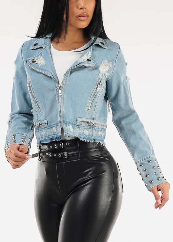 Zip Up Long Sleeve Distressed Moto Denim Jacket Light Wash sold by Moda