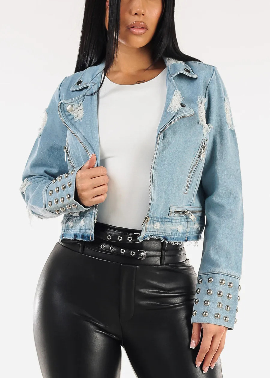 Zip Up Long Sleeve Distressed Moto Denim Jacket Light Wash sold by Moda product image thumbnail 5