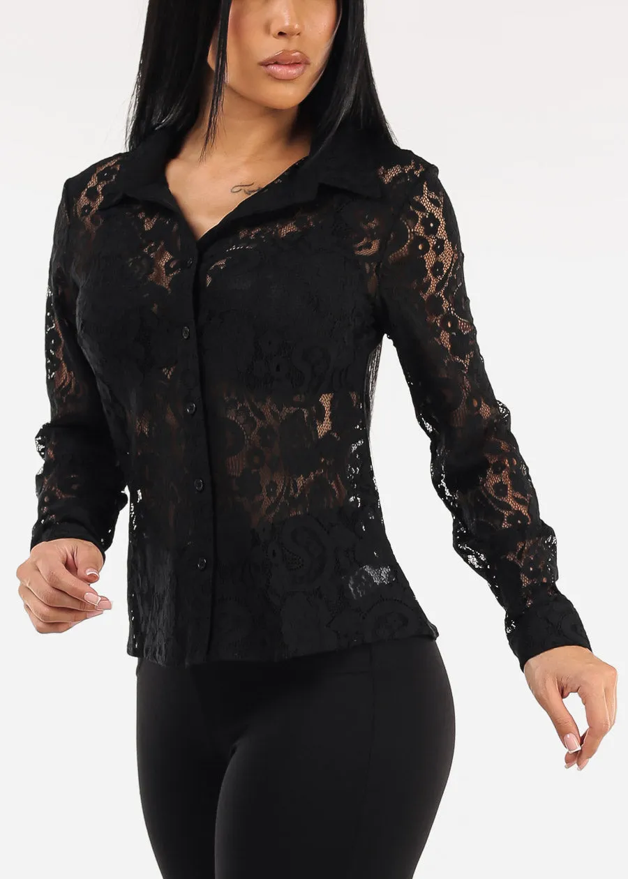 Long Sleeve Button Up Lace Collared Blouse Black sold by Moda