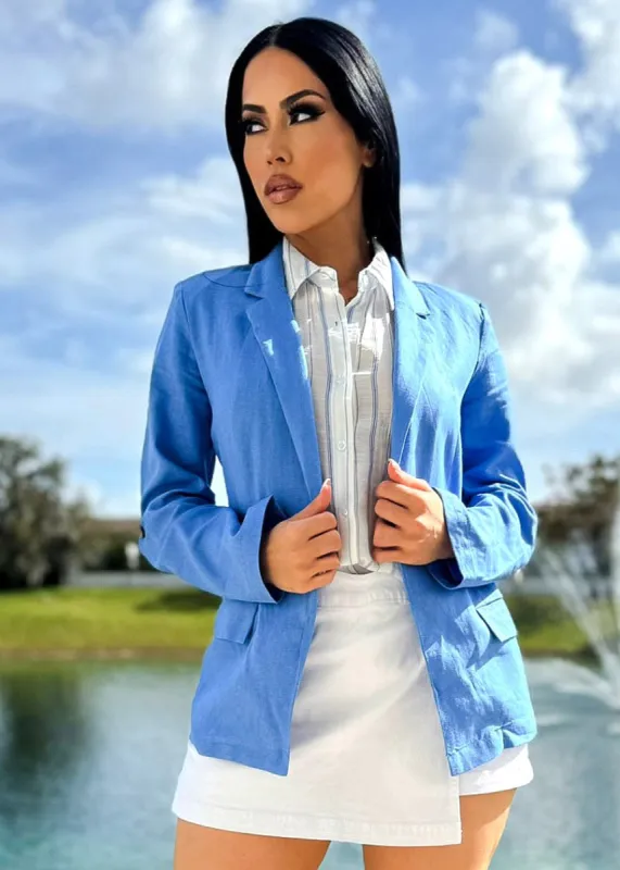 Linen Long Sleeve Open Front Blue Blazer sold by Moda