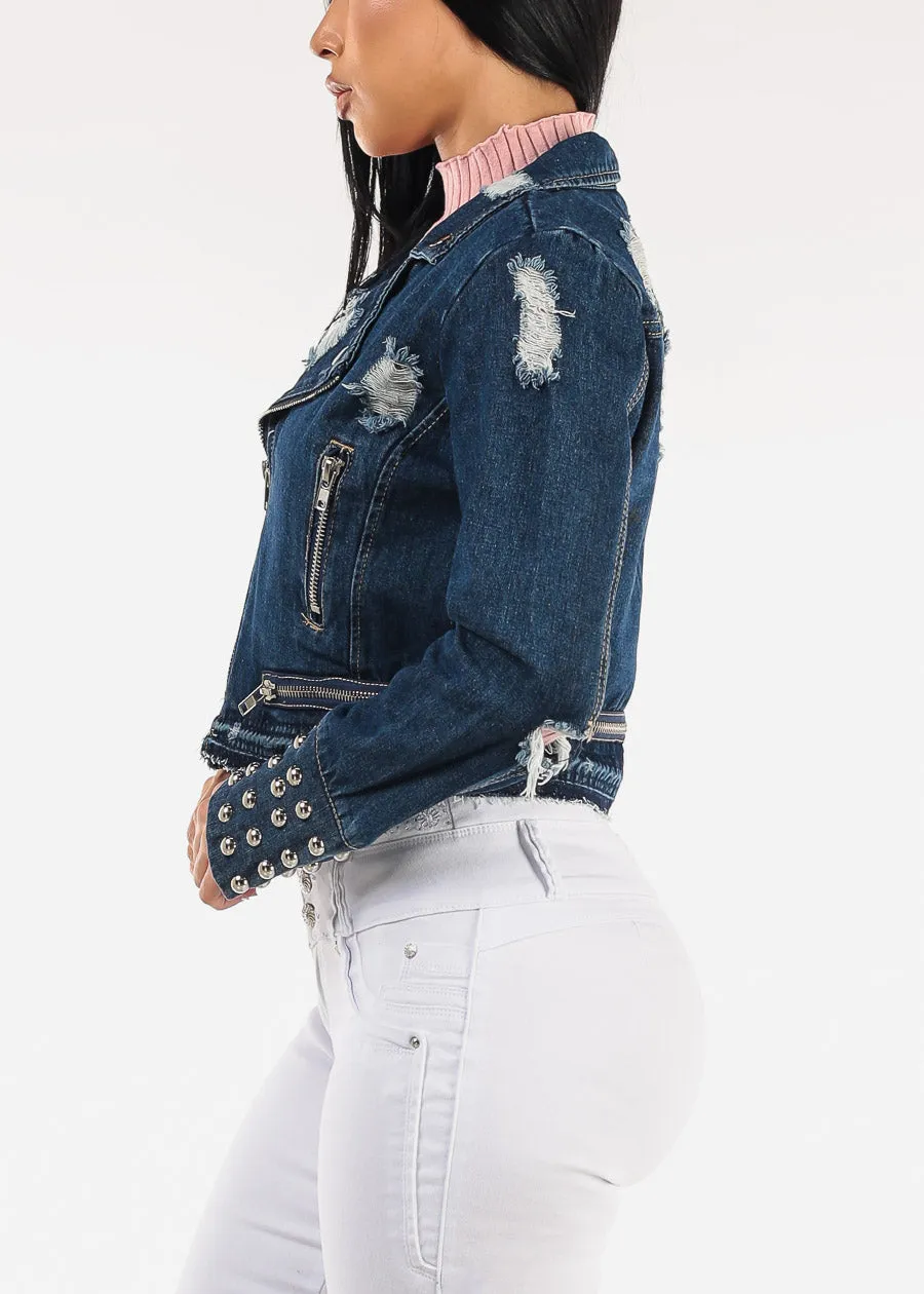 Zip Up Long Sleeve Distressed Moto Denim Jacket Dark Wash sold by Moda product image thumbnail 3