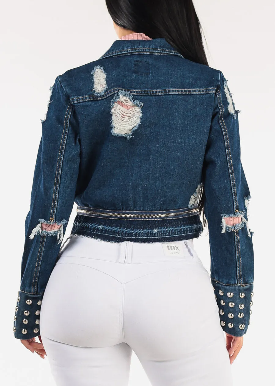 Zip Up Long Sleeve Distressed Moto Denim Jacket Dark Wash sold by Moda product image thumbnail 4