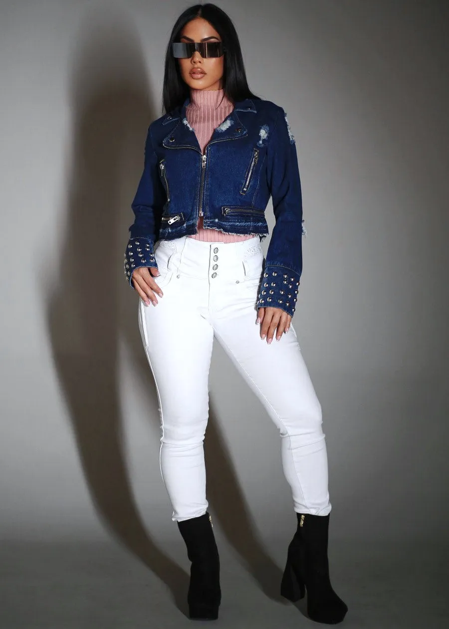 Zip Up Long Sleeve Distressed Moto Denim Jacket Dark Wash sold by Moda product image thumbnail 2