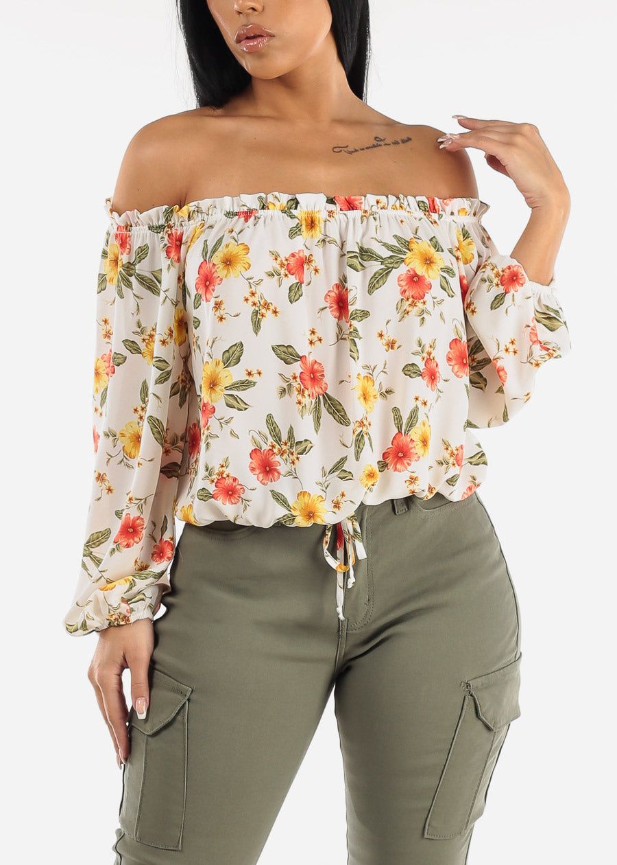 Floral Off Shoulder Blouse Ivory sold by Moda