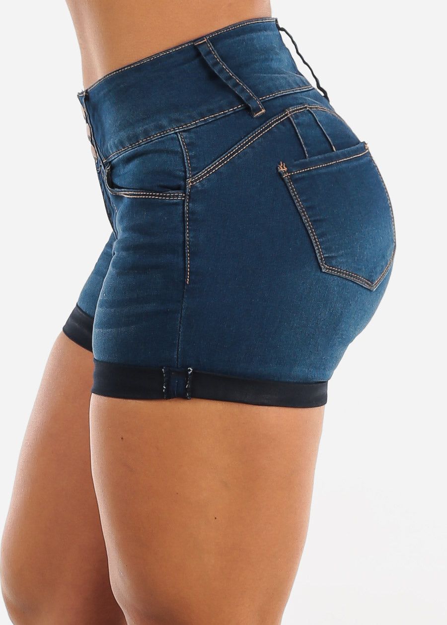 High Waisted Dark Blue Butt Lifting Cuffed Denim Shorts sold by Moda product image thumbnail 4