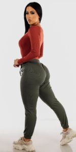 Casual High Waist Olive Jogger Pants with Brick Long Sleeve Ribbed Bodysuit sold by Moda