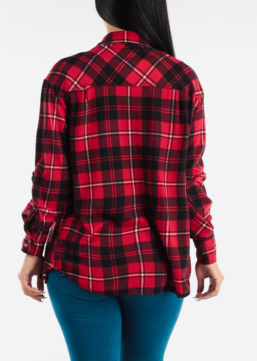 Long Sleeve Button Up Plaid Shirt Red & Black sold by Moda product image thumbnail 5