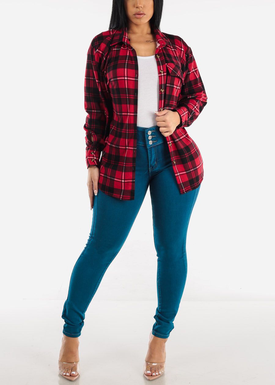 Long Sleeve Button Up Plaid Shirt Red & Black sold by Moda product image thumbnail 6