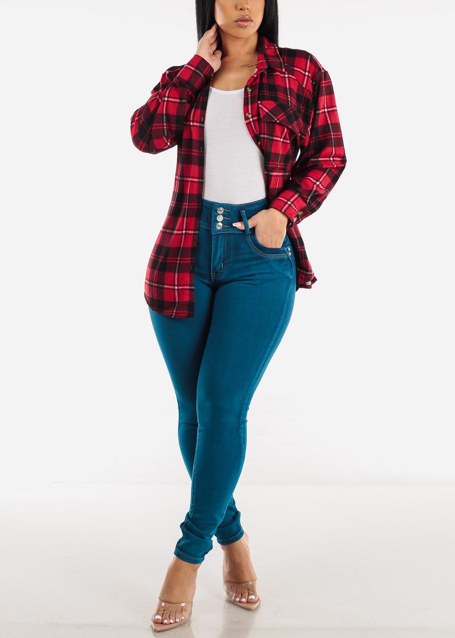 Long Sleeve Button Up Plaid Shirt Red & Black sold by Moda product image thumbnail 3
