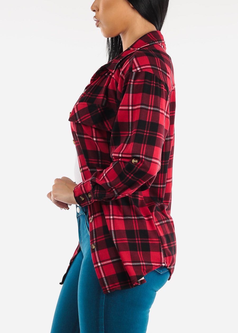 Long Sleeve Button Up Plaid Shirt Red & Black sold by Moda product image thumbnail 4