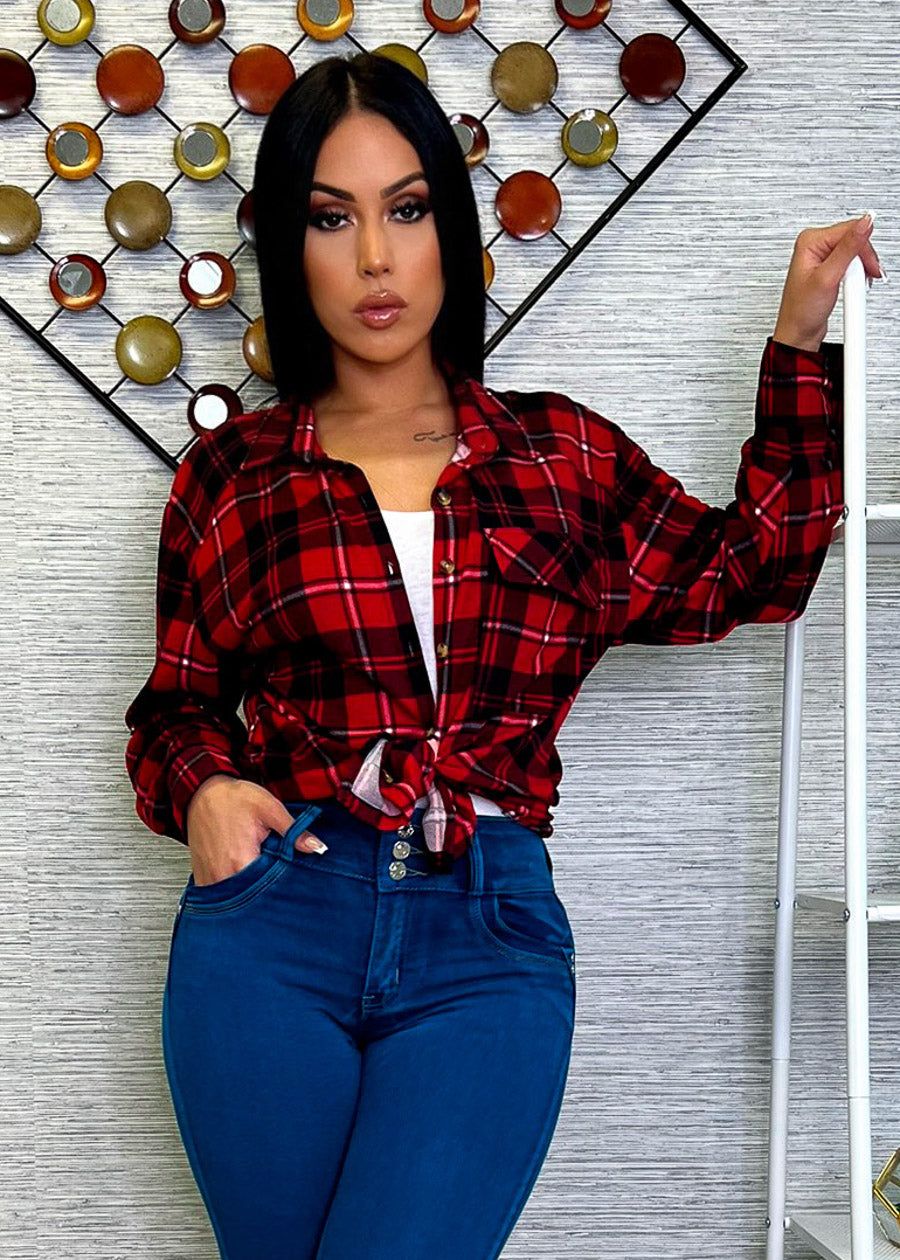 Long Sleeve Button Up Plaid Shirt Red & Black sold by Moda product image thumbnail 2