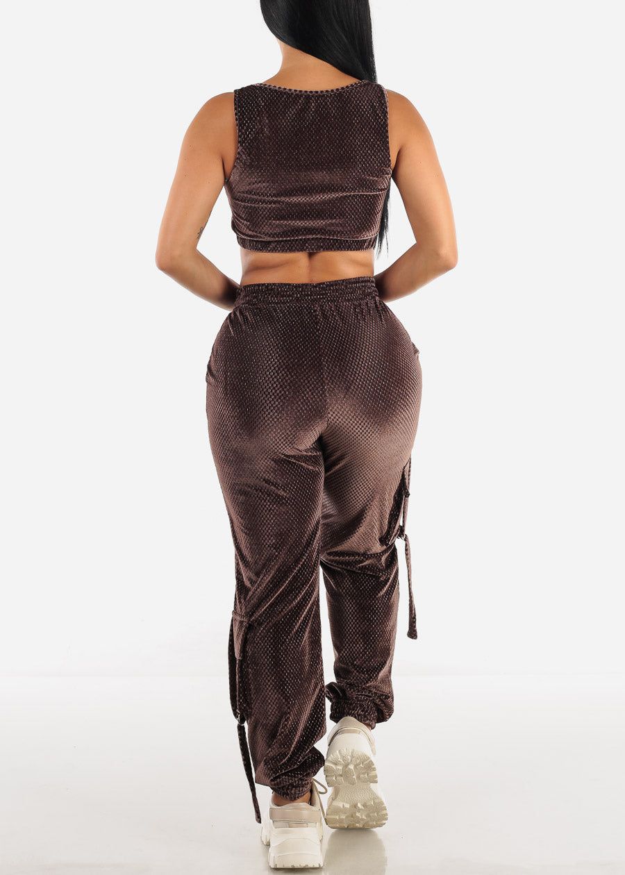 Velvet Crop Top & Joggers Brown (2 PCE SET) sold by Moda product image thumbnail 3