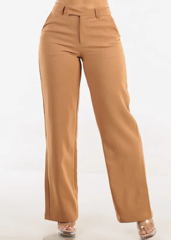 High Waisted Stripe Wide Leg Formal Dress Pants Khaki sold by Moda