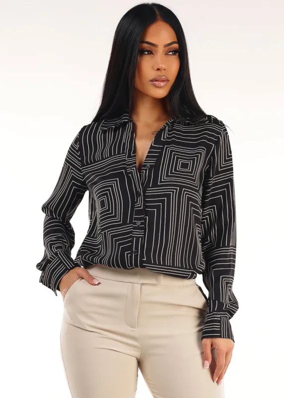 Black Long Sleeve Button Up Printed Collared Blouse made by Active Basic