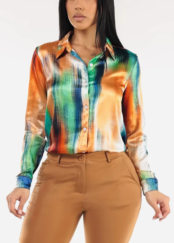 Satin Long Sleeve Button Up Abstract Print Blouse Navy & Orange sold by Moda