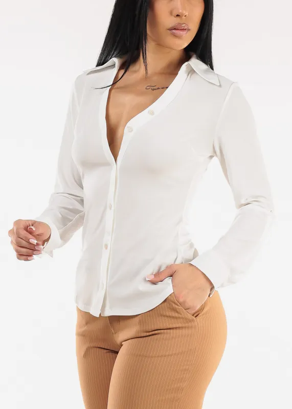 Stretchy Long Sleeve Button Down Collared Blouse Ivory sold by Moda