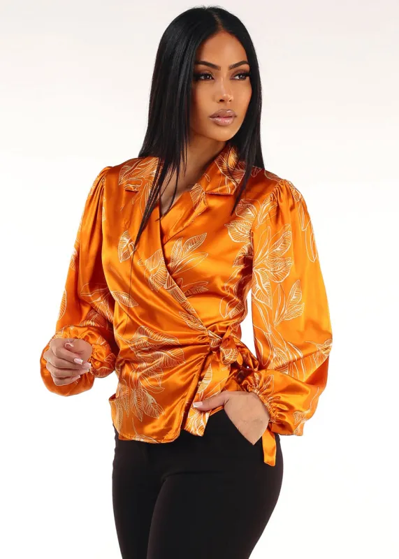 Wrap Front Satin Floral Blouse Mustard sold by Moda
