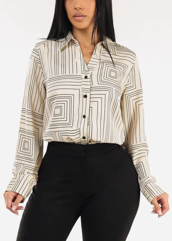 Long Sleeve Button Up Printed Collared Blouse Ivory sold by Moda