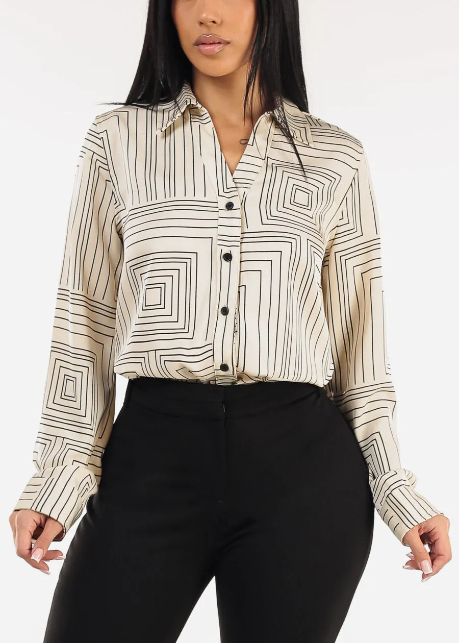 Long Sleeve Button Up Printed Collared Blouse Ivory sold by Moda