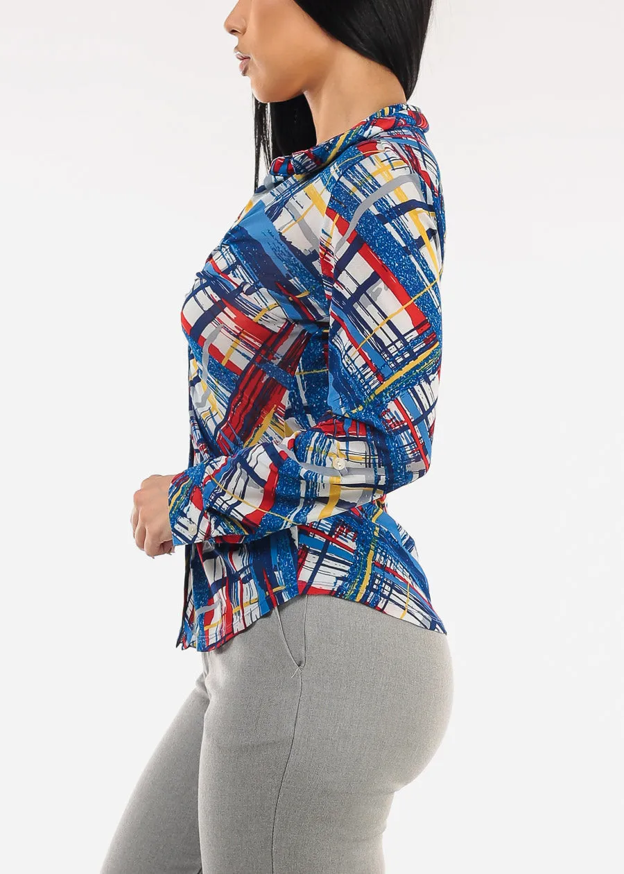 Ruched Long Sleeve Button Up Printed Mesh Blouse Blue sold by Moda product image thumbnail 3