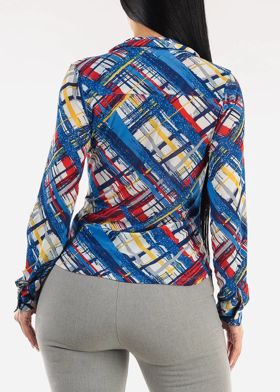 Ruched Long Sleeve Button Up Printed Mesh Blouse Blue sold by Moda product image thumbnail 4