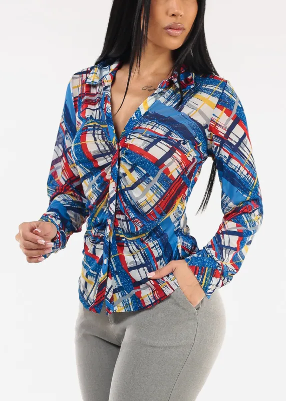 Ruched Long Sleeve Button Up Printed Mesh Blouse Blue sold by Moda
