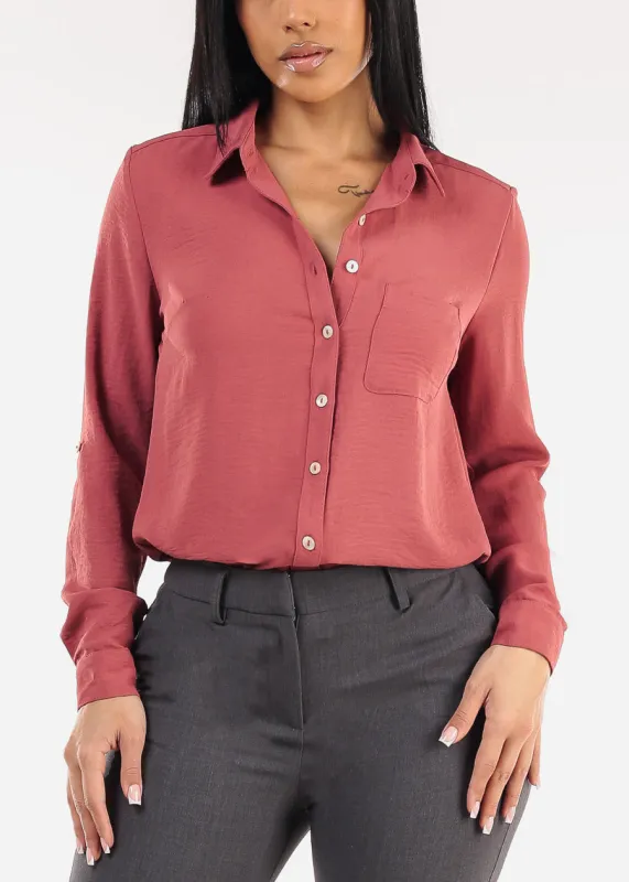 Long Sleeve Button Down Collared Blouse Mauve sold by Moda
