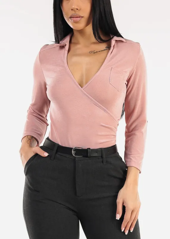 Quarter Sleeve Stretch Surplice Blouse Mauve sold by Moda