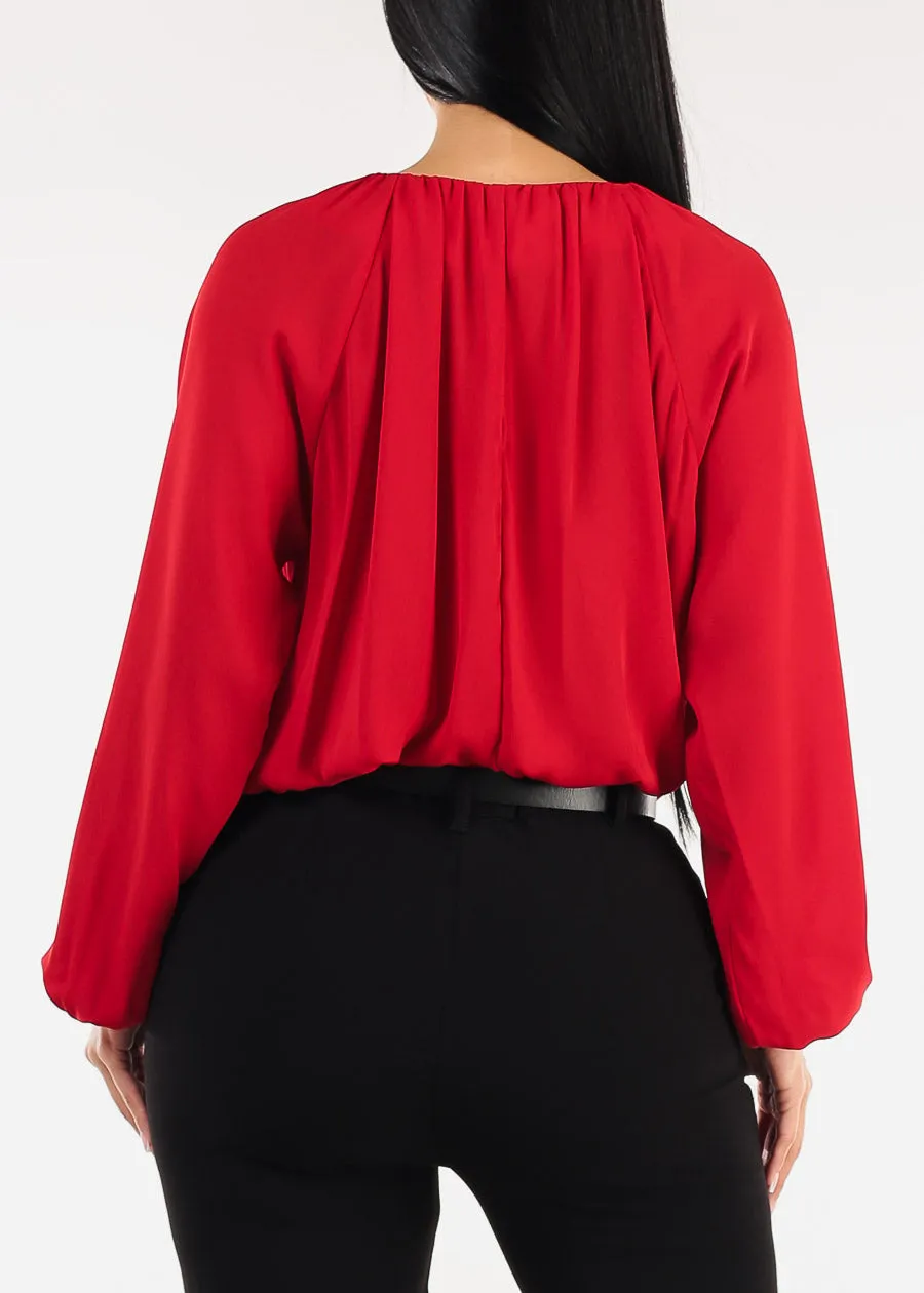 Long Sleeve Vneck Pleated Blouse Red sold by Moda product image thumbnail 4