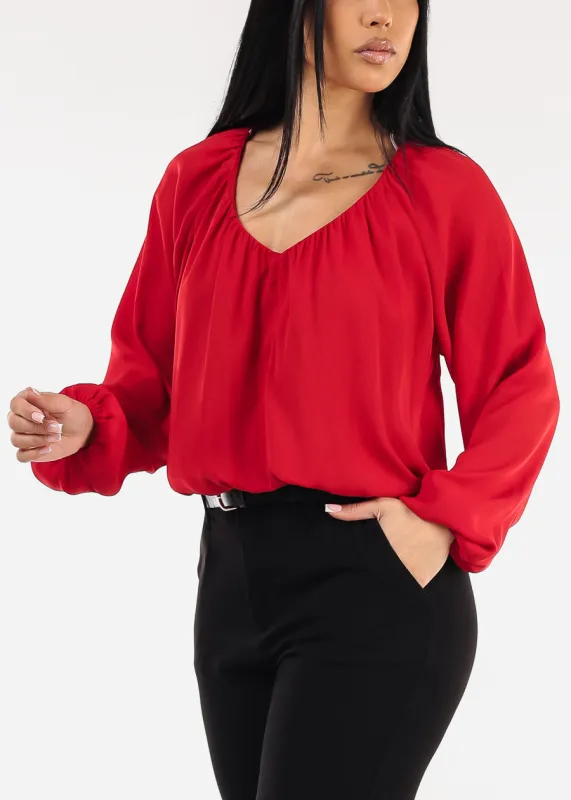 Long Sleeve Vneck Pleated Blouse Red sold by Moda