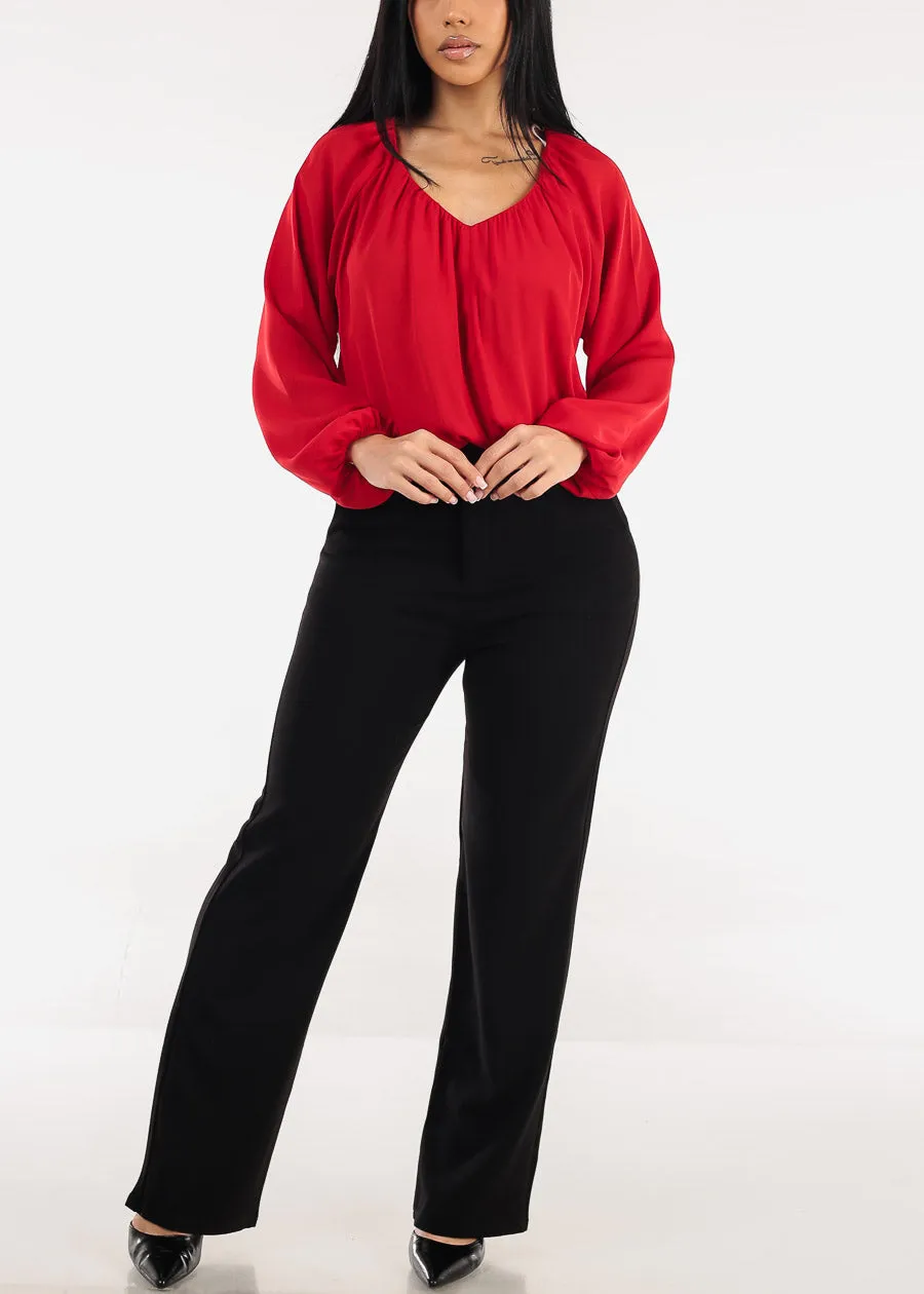 Long Sleeve Vneck Pleated Blouse Red sold by Moda product image thumbnail 2