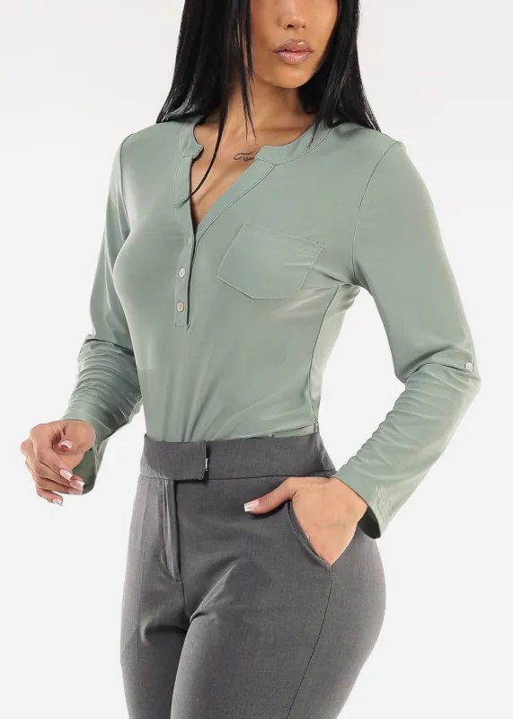 Long Sleeve Stretchy Henley Blouse Sage sold by Moda