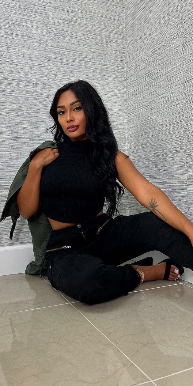 Black Cargo Jogger Pants Black Sleeveless Mock Neck Crop Top and Olive Cropped Cargo Jacket sold by Moda product image thumbnail 3