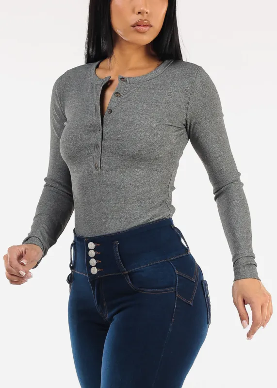 Long Sleeve Half Button Up Stretch Ribbed Top Grey sold by Moda