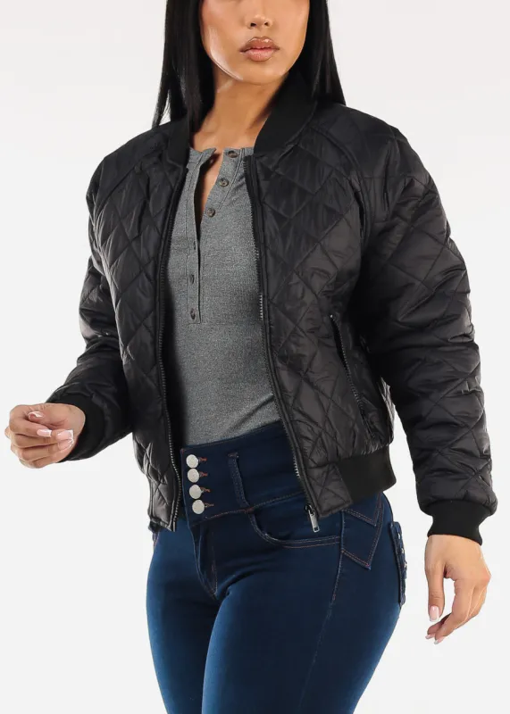 Zip Up Long Sleeve Quilted Jacket Black sold by Moda