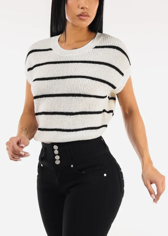 Short Sleeve Stripe Knit Sweater Top Ivory sold by Moda
