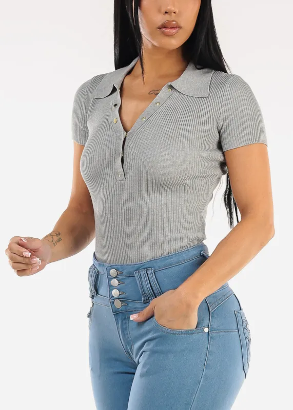 Short Sleeve Sweater Knit Polo Shirt Grey sold by Moda