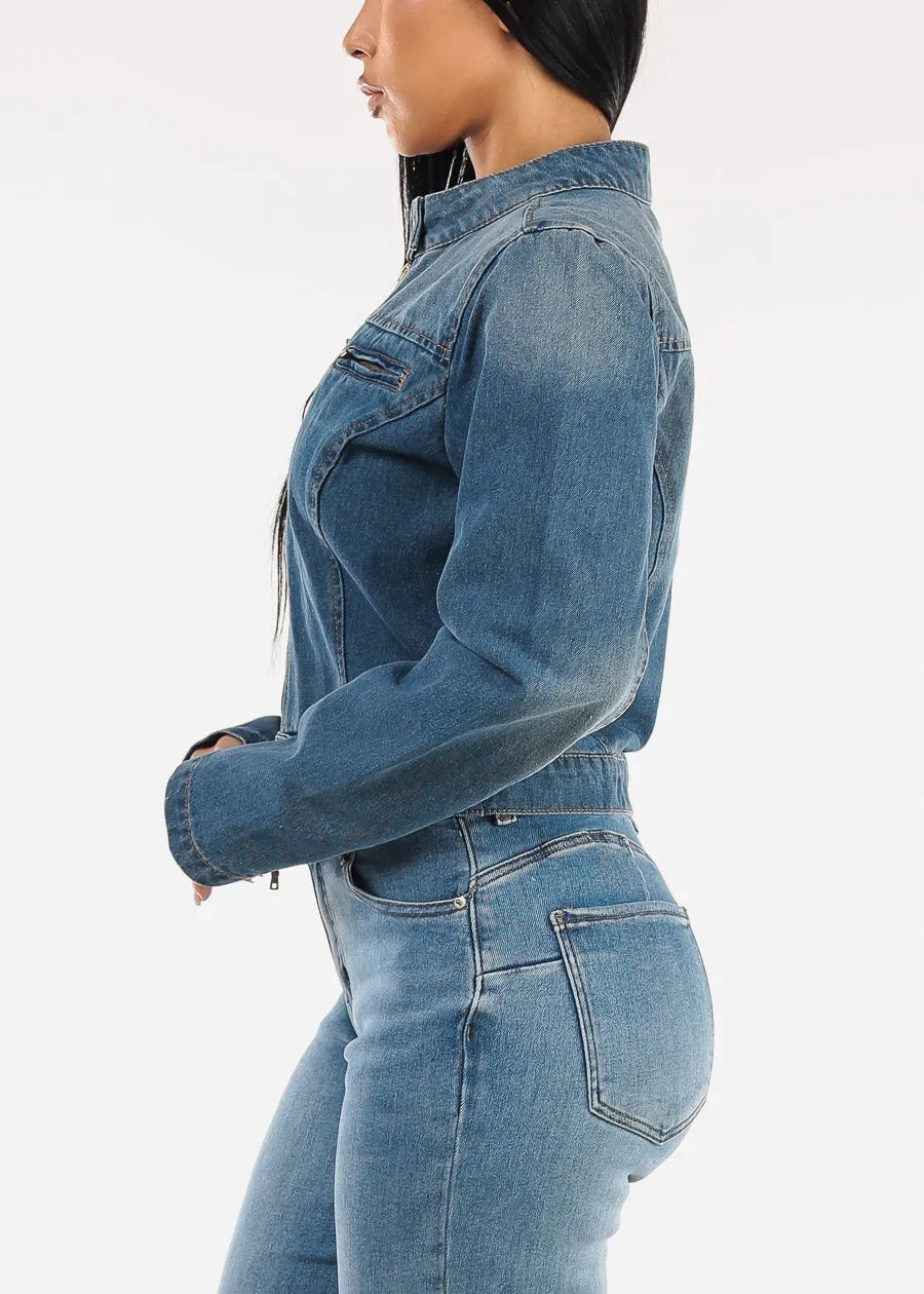 Long Sleeve Zip Up Denim Jacket Med Wash sold by Moda product image thumbnail 4