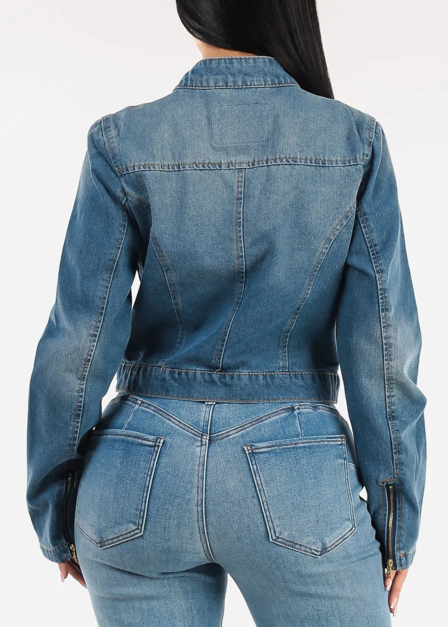 Long Sleeve Zip Up Denim Jacket Med Wash sold by Moda product image thumbnail 5