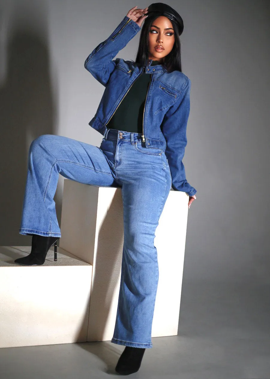 Long Sleeve Zip Up Denim Jacket Med Wash sold by Moda product image thumbnail 2