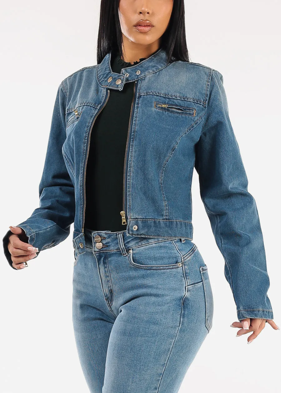 Long Sleeve Zip Up Denim Jacket Med Wash sold by Moda product image thumbnail 3