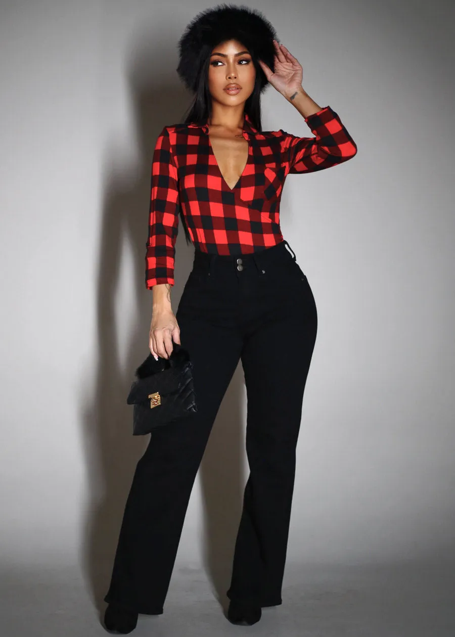 Stretchy Quarter Sleeve Surplice Plaid Bodysuit Red sold by Moda product image thumbnail 2