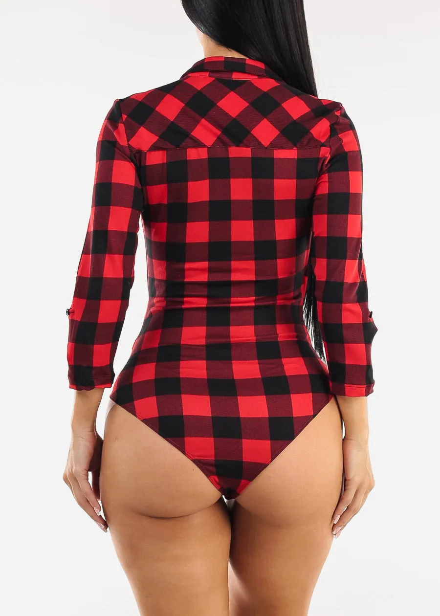 Stretchy Quarter Sleeve Surplice Plaid Bodysuit Red sold by Moda product image thumbnail 4